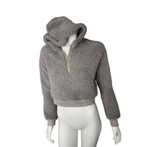 Iris Large grey faux fur teddy cropped hoodie zip front